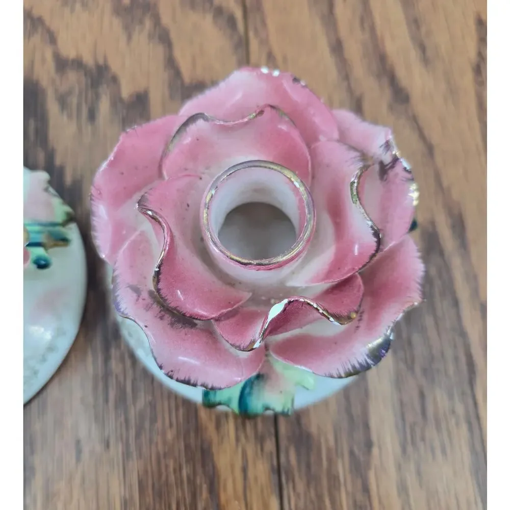 Vintage Commodore Japan Pink Rose Candle Holders Set of 3‎ Porcelain MCM